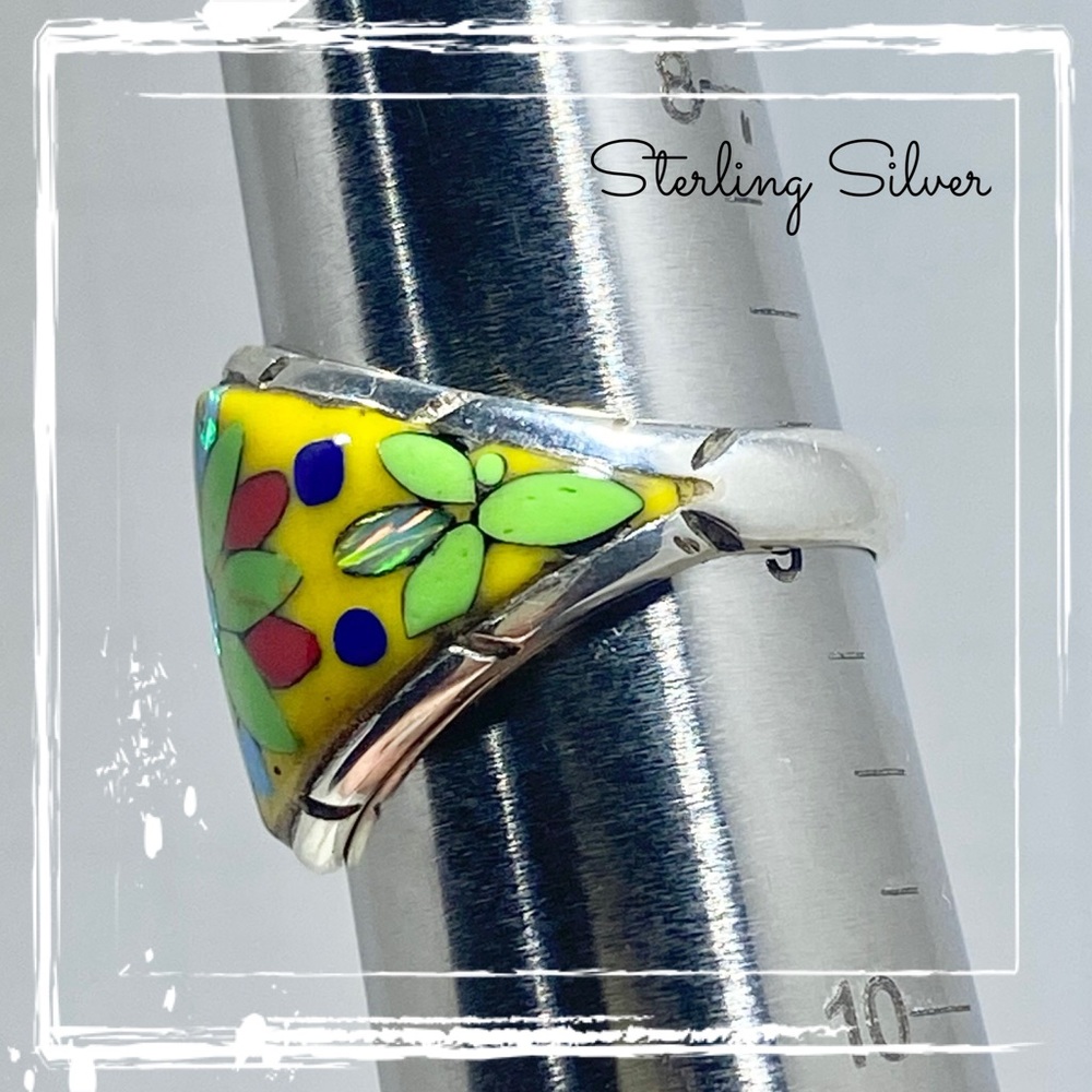 Signed-SM, Sterling Silver Multi Colored Flower Inlaid Gemstone Ring Size 9 - Picture 6 of 8